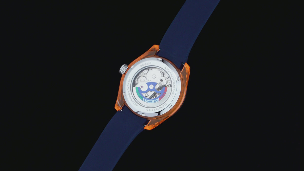 Load video: Dominatore Del Mare Men's 42mm Positano Automatic Skeletonized Dial Silicone Strap Watch