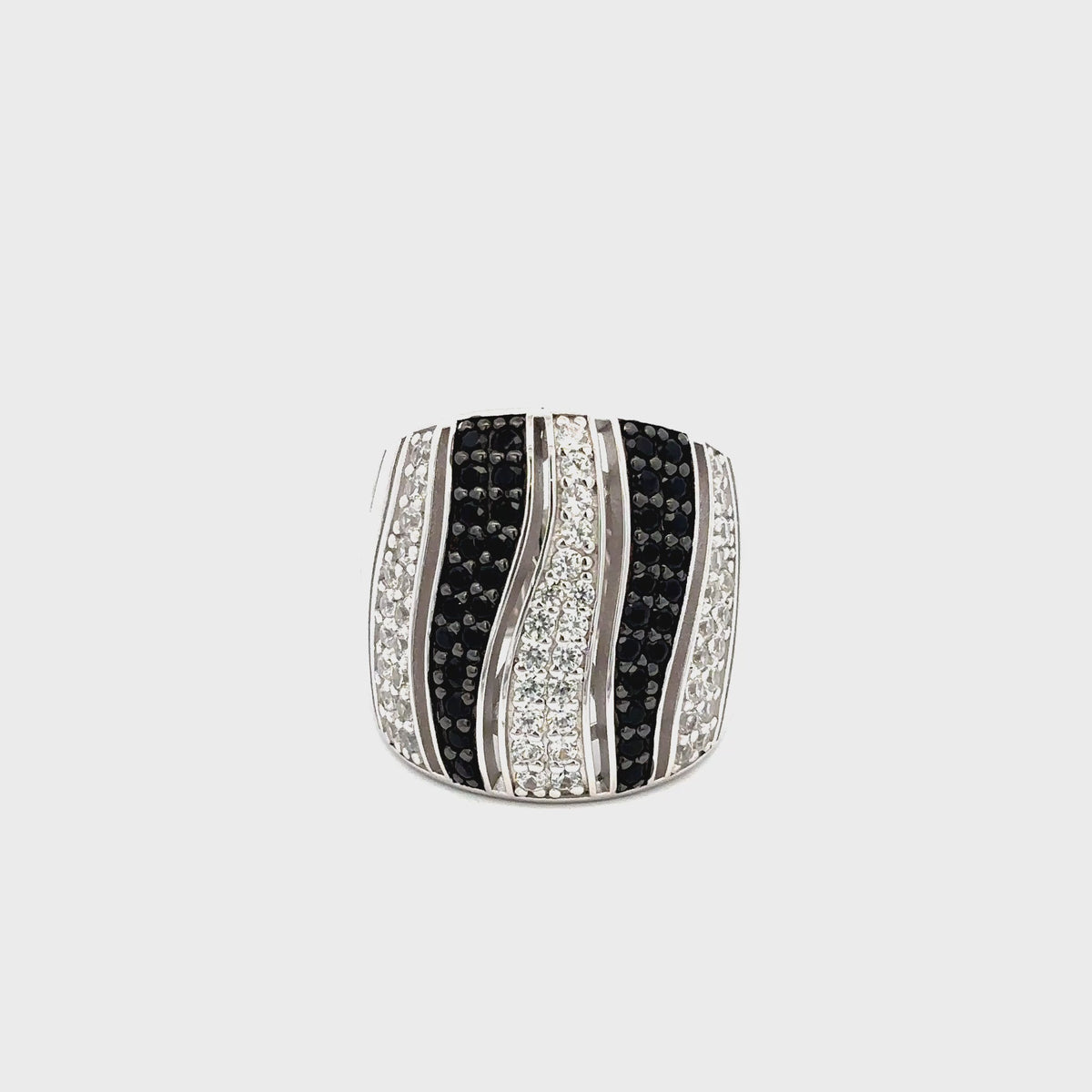 Load video: Gem Treasures Sterling Silver Black Spinel &amp; White Zircon Tiger Striped Wide Band Ring