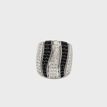 Gem Treasures Sterling Silver Black Spinel & White Zircon Tiger Striped Wide Band Ring