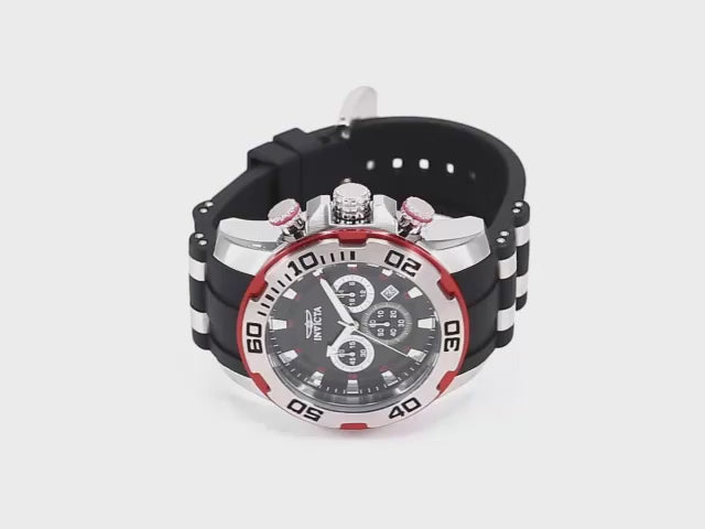 Load video: Invicta Men's 50mm Pro Diver Scuba Quartz Chronograph Silvertone Case Silicone Strap Watch