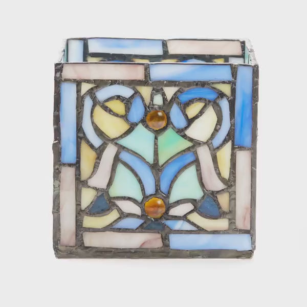 Load video: Tiffany-Style Lighting 4.75" Blue Flourishes Stained Glass Candle Holder