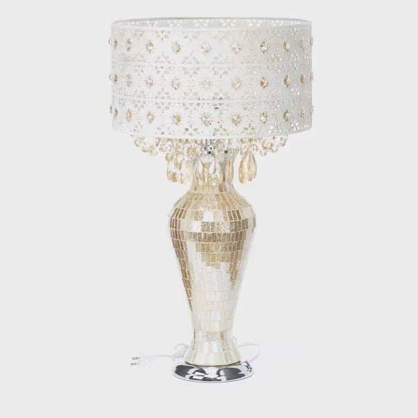 Load video: Tiffany-Style Lighting 25" Jeweled Champagne Drum Shade Table Lamp
