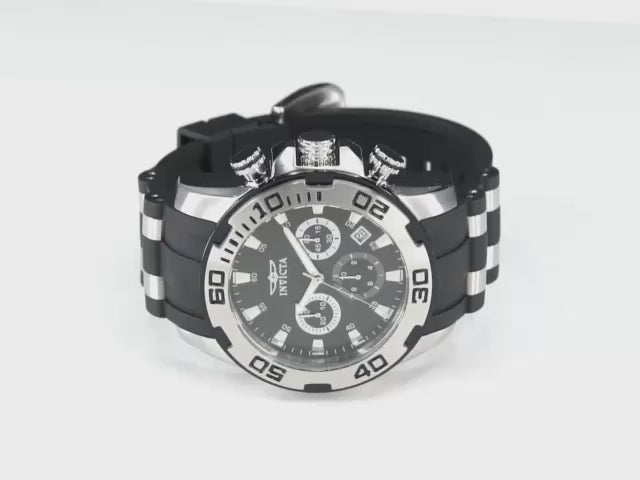Load video: Invicta Men's 50mm Pro Diver Scuba Quartz Chronograph Silvertone Case Silicone Strap Watch