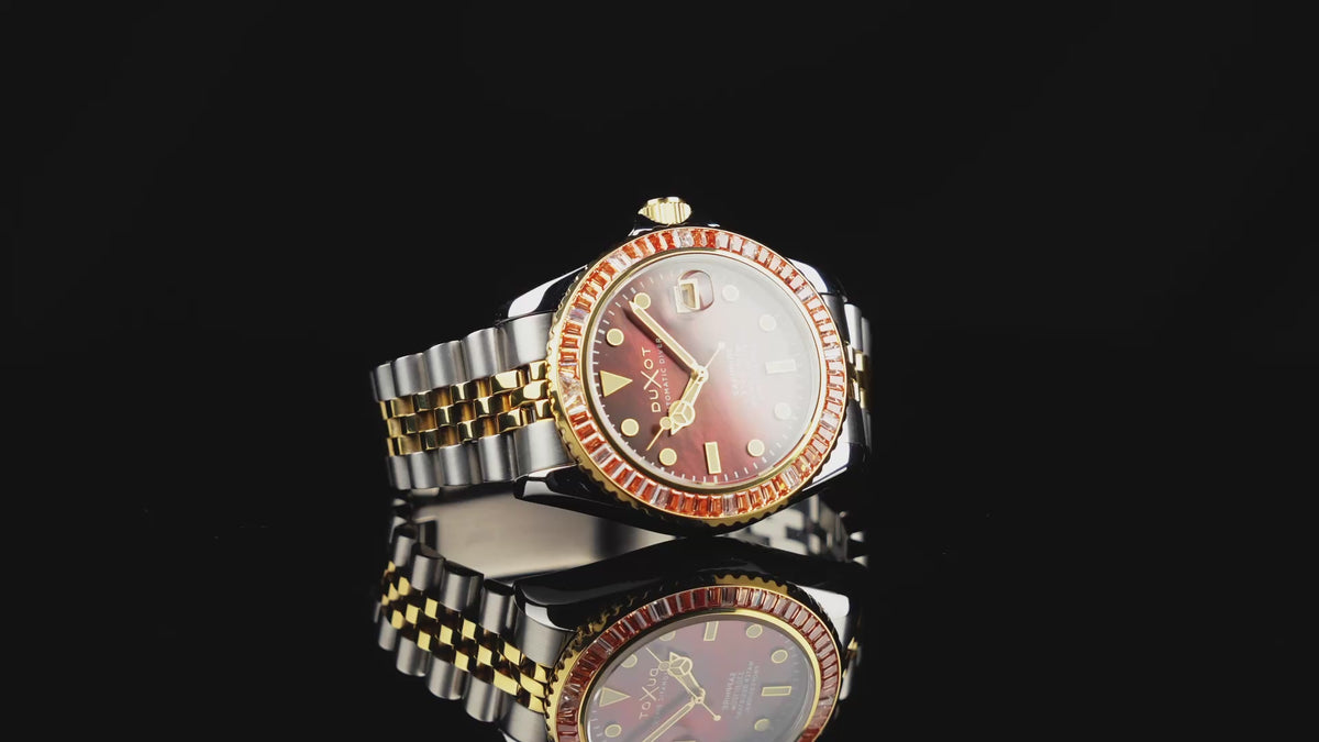 Load video: Duxot Men's 40mm Atlantica 40 Rainbow Automatic MOP Dial Bracelet Watch