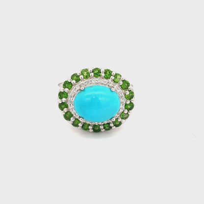 Sterling Silver 10x8mm Oval Sleeping Beauty Turq & Gemstone Halo East-West Ring