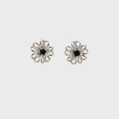 Gem Treasures Sterling Silver Black Spinel Flower Stud Earrings