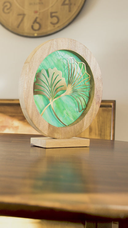 Tiffany-Style Lighting 14" Round Decorative Stained Glass & Metal Stand with Wood Frame