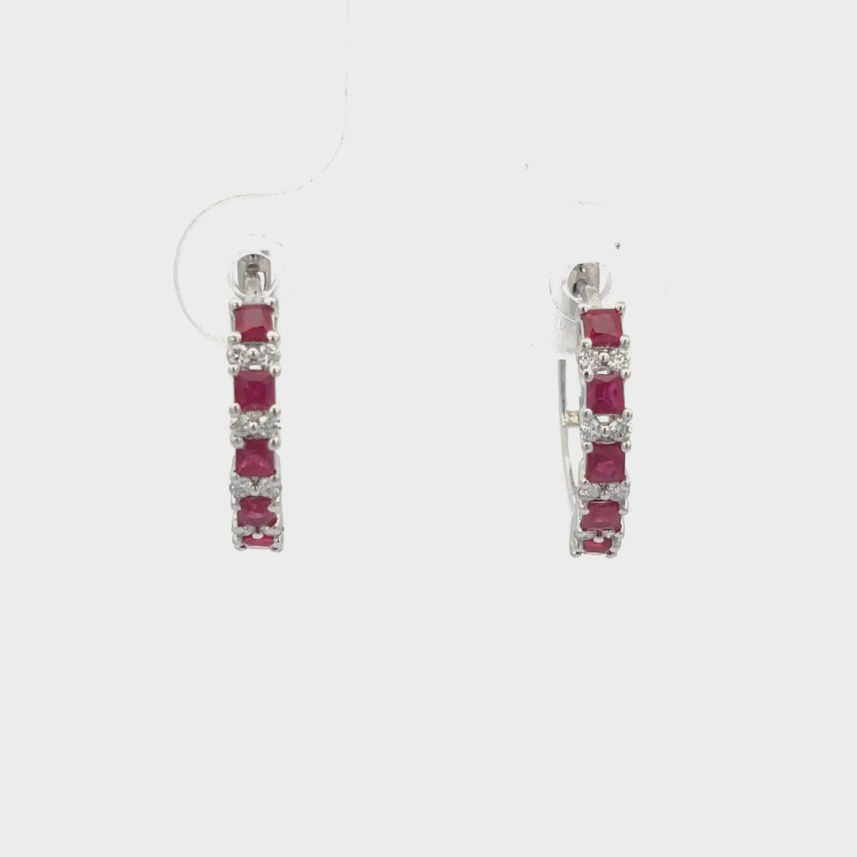 Load video: Gilded Lane 14K Gold Square Ruby &amp; Diamond Alternating Hoop Earrings