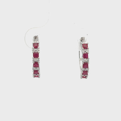 Gilded Lane 14K Gold Square Ruby & Diamond Alternating Hoop Earrings
