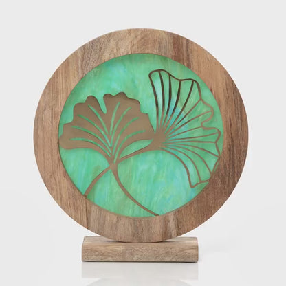 Tiffany-Style Lighting 14" Round Decorative Stained Glass & Metal Stand with Wood Frame