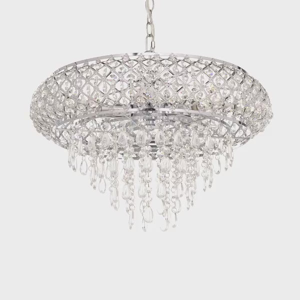 Load video: Tiffany-Style Lighting 14.25" Clear &amp; Chrome Tiered Glass Hanging Chandelier
