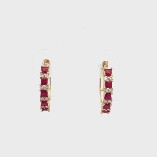 Gilded Lane 14K Gold Square Ruby & Diamond Alternating Hoop Earrings