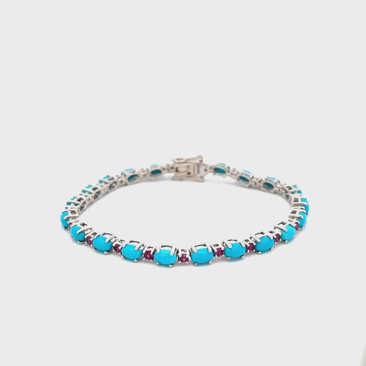 Sterling Silver Sleeping Beauty Turq & Rhodolite Garnet Line Bracelet