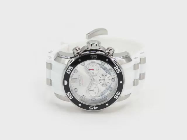 Load video: Invicta Men's 48mm Pro Diver Quartz Chronograph White Silicone Strap Watch