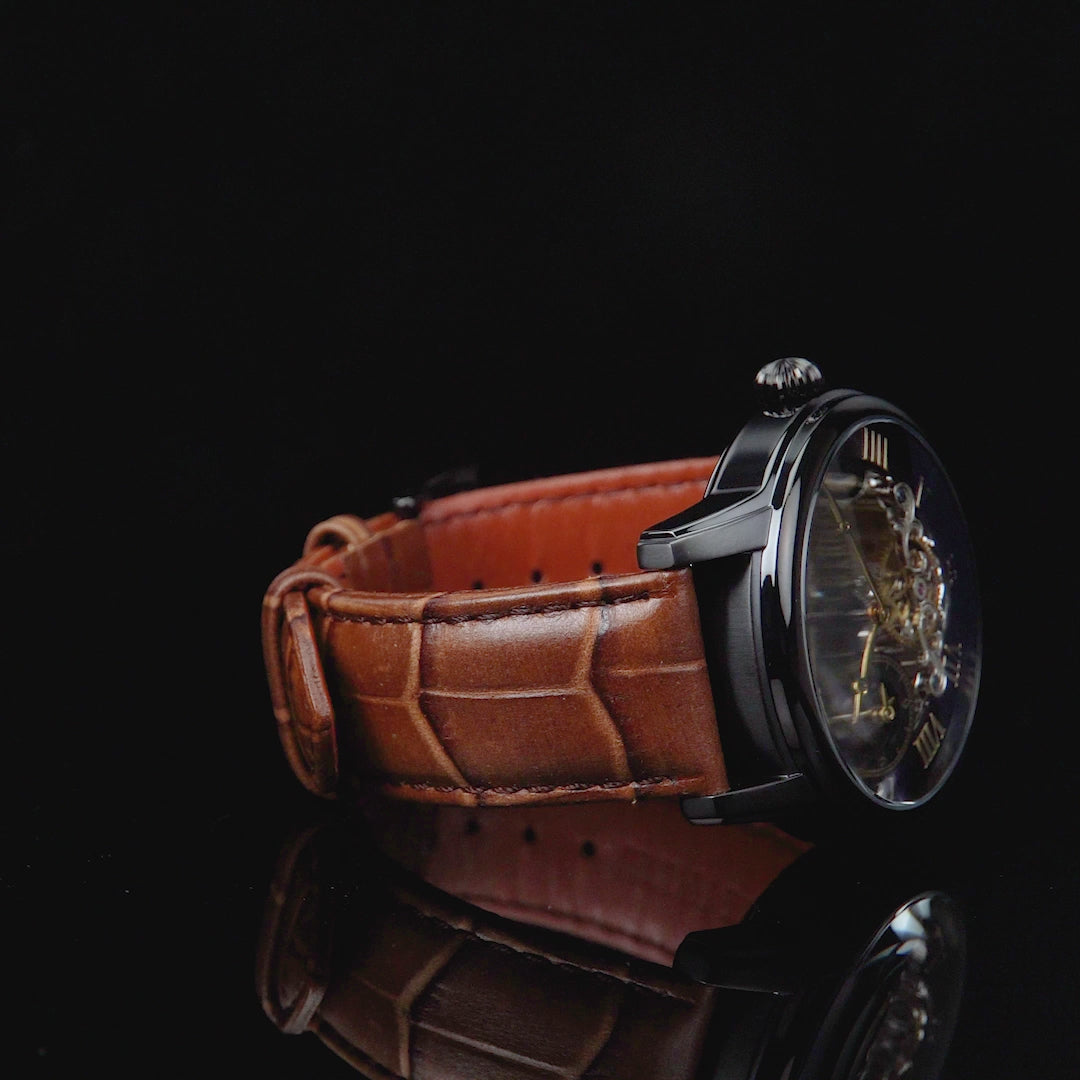 Load video: Thomas Earnshaw Men's 44mm Longitude Automatic Moonphase Skeletonized Leather Strap Watch