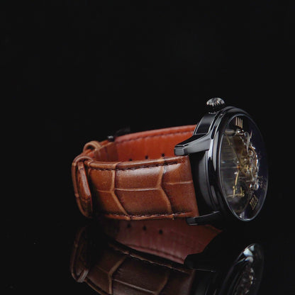 Thomas Earnshaw Men's 44mm Longitude Automatic Moonphase Skeletonized Leather Strap Watch
