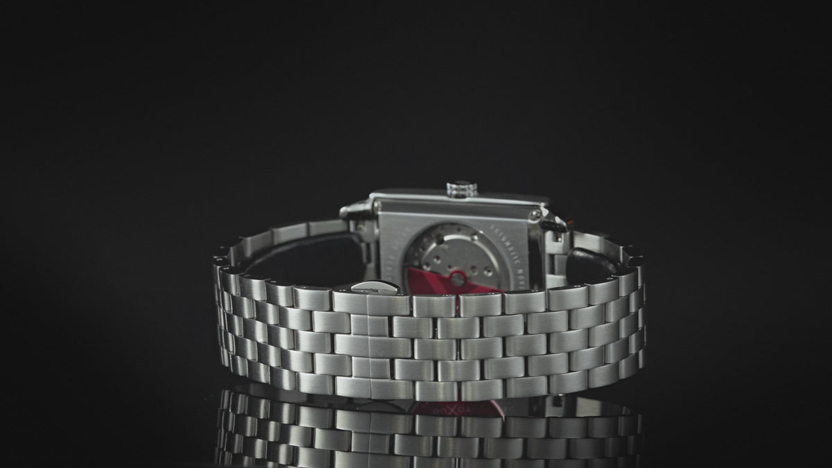 Load video: Duxot Men's 33mm Livorno Automatic Date Rectangular Bracelet Watch