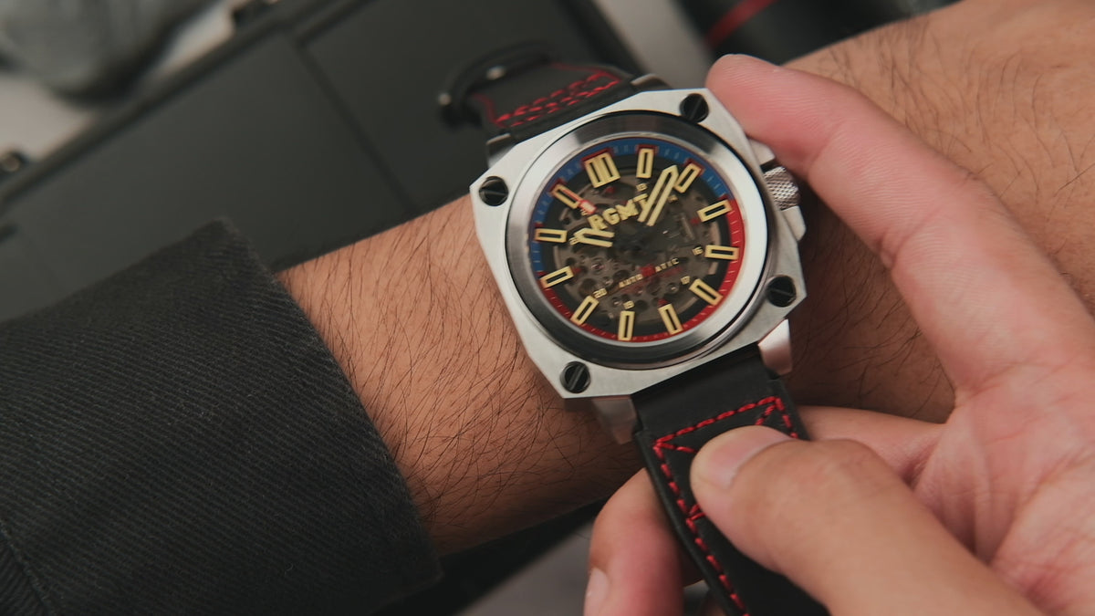 Load video: RGMT Men's 46mm Altimeter Skeletonized Automatic Leather Strap Watch