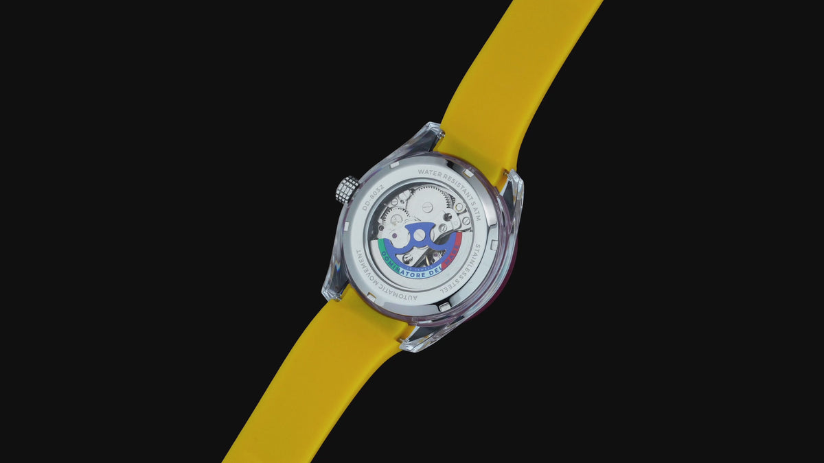 Load video: Dominatore Del Mare Men's 42mm Ortona Automatic Skeletonized Dial Silicone Strap Watch