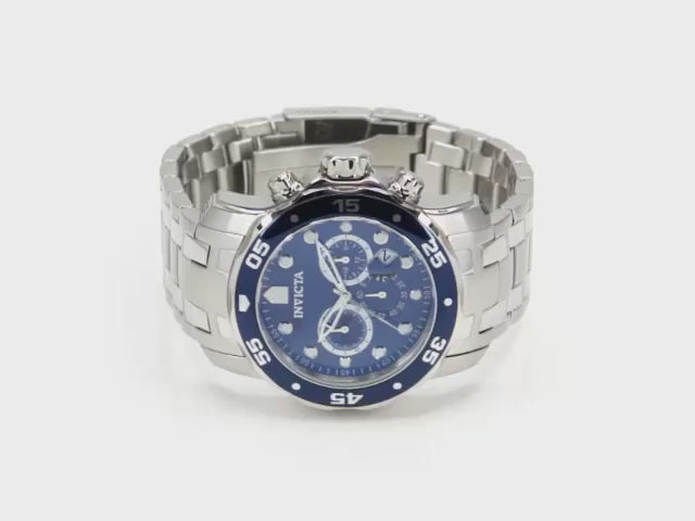 Load video: Invicta Men's 48mm Pro Diver Scuba Quartz Chronograph Blue Bezel &amp; Dial Bracelet Watch