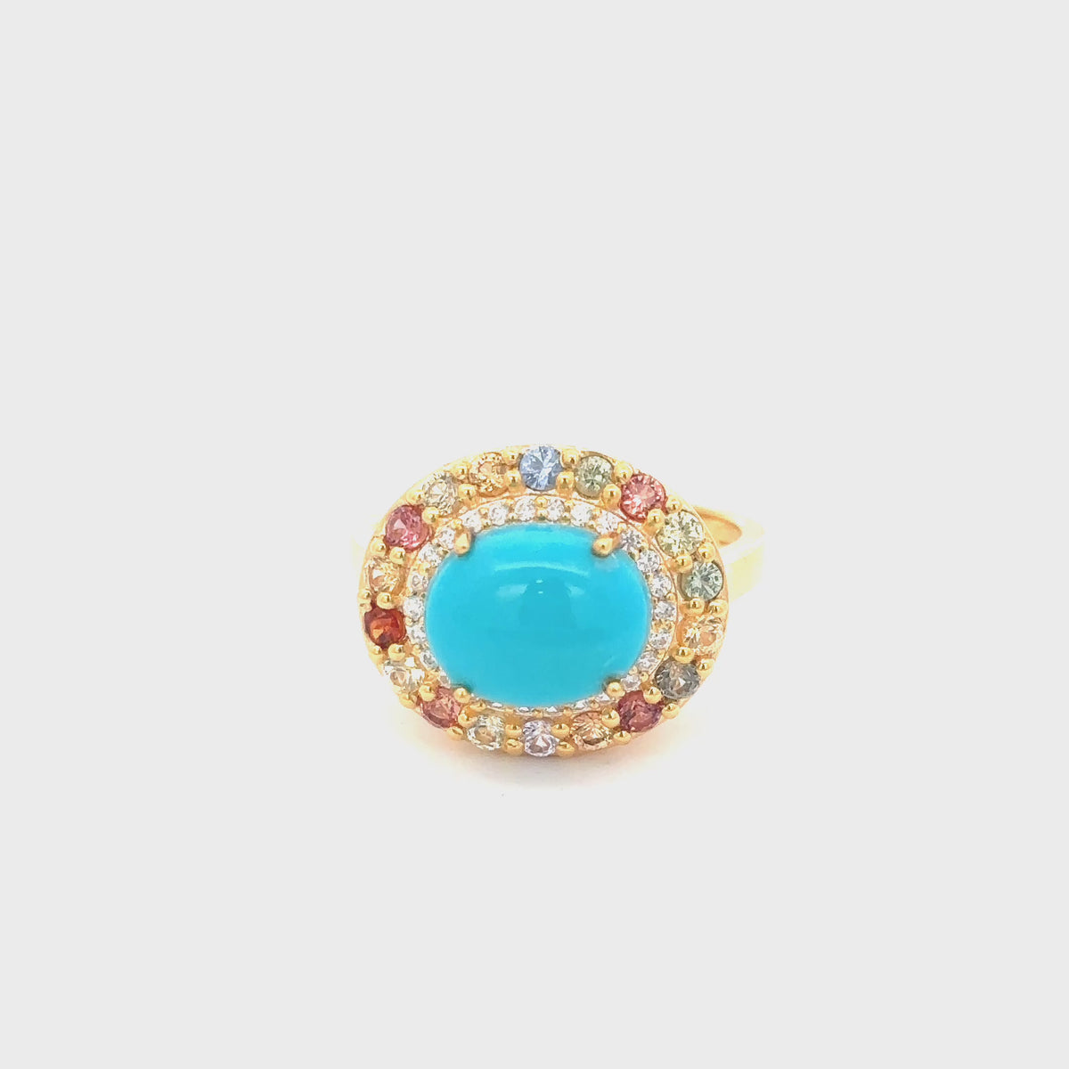 Load video: Sterling Silver 10x8mm Oval Sleeping Beauty Turq &amp; Gemstone Halo East-West Ring