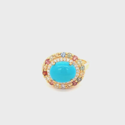 Sterling Silver 10x8mm Oval Sleeping Beauty Turq & Gemstone Halo East-West Ring