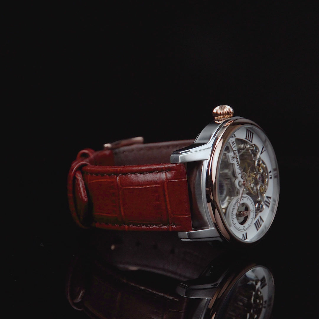 Load video: Thomas Earnshaw Men's 44mm Longitude Automatic Skeletonized Strap Watch