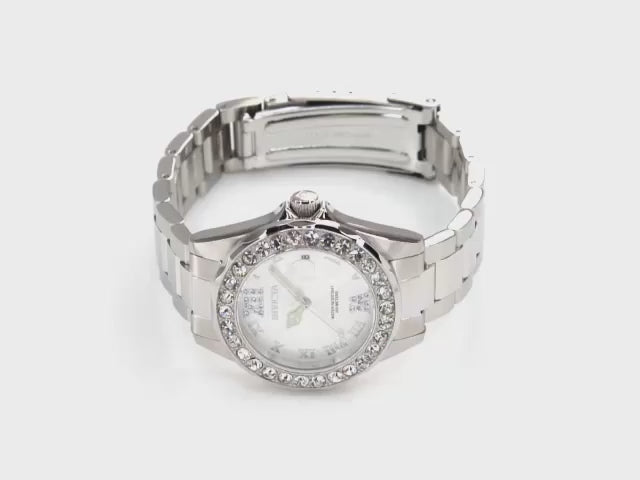 Load video: Invicta Women's 38mm Pro Diver Quartz Date Crystal Bezel Bracelet Watch