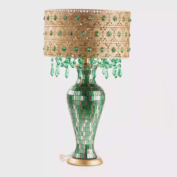 Load video: Tiffany-Style Lighting 25" Jeweled Gold Drum Shade Urn Table Lamp