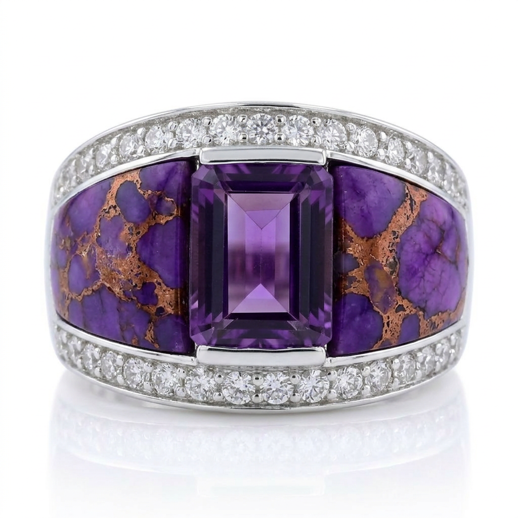Platinum Plated Amethyst & Purple Mohave Turquoise Inlay Ring
