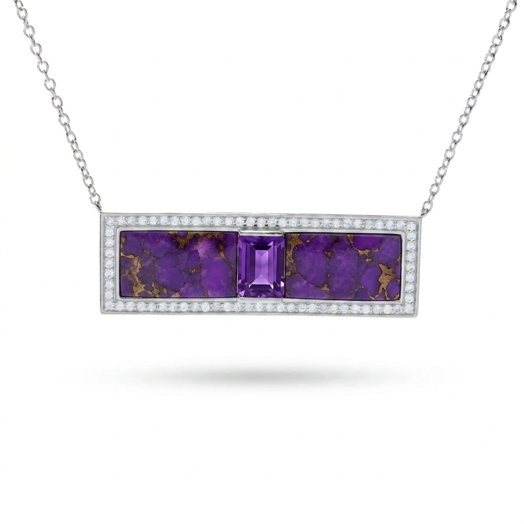 Platinum Plated Amethyst & Purple Mohave Turquoise Bar Necklace
