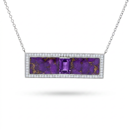 Platinum Plated Amethyst & Purple Mohave Turquoise Bar Necklace