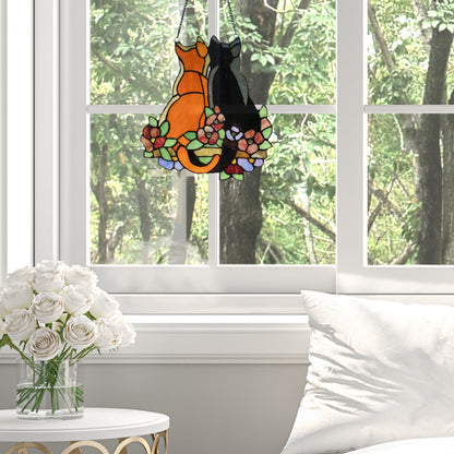 Tiffany-Style Lighting 12.5" Stained Glass Cats in the Garden Window Panel