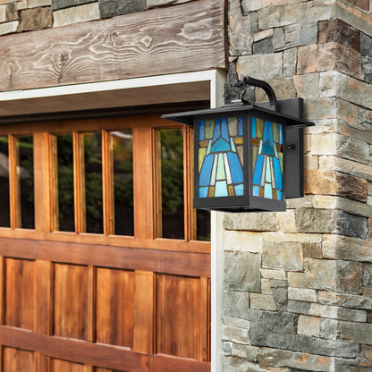 Tiffany-Style Lighting Aqua and Amber Stained Glass 1-Light Outdoor Lantern Wall Sconce