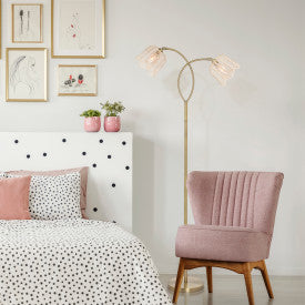 Tiffany-Style Lighting 61" Meg Brushed Gold Metal Candlestick Floor Lamp with Rattan Shades