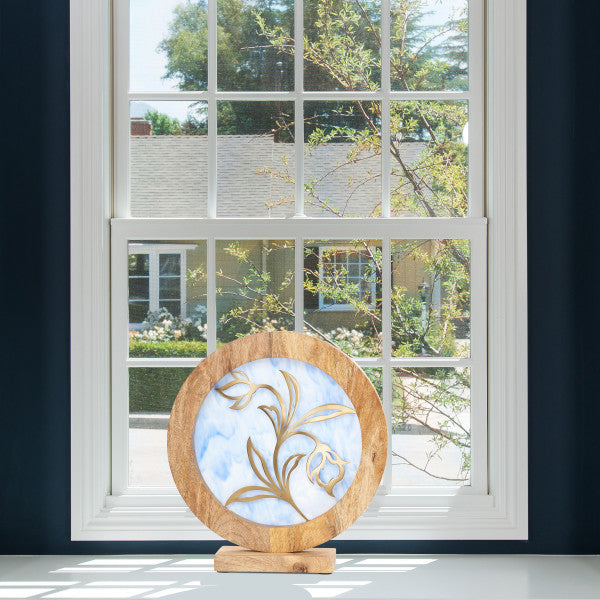 Tiffany-Style Lighting 14" Round Decorative Stained Glass & Metal Stand with Wood Frame