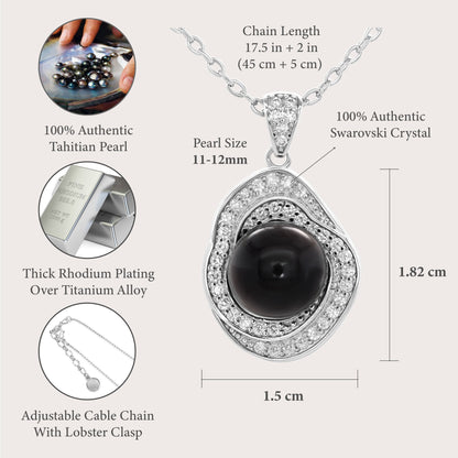 TRYNDI Rhodium Plated 11-12mm Tahitian Black Pearl Swarovski Crystal Circle Necklace