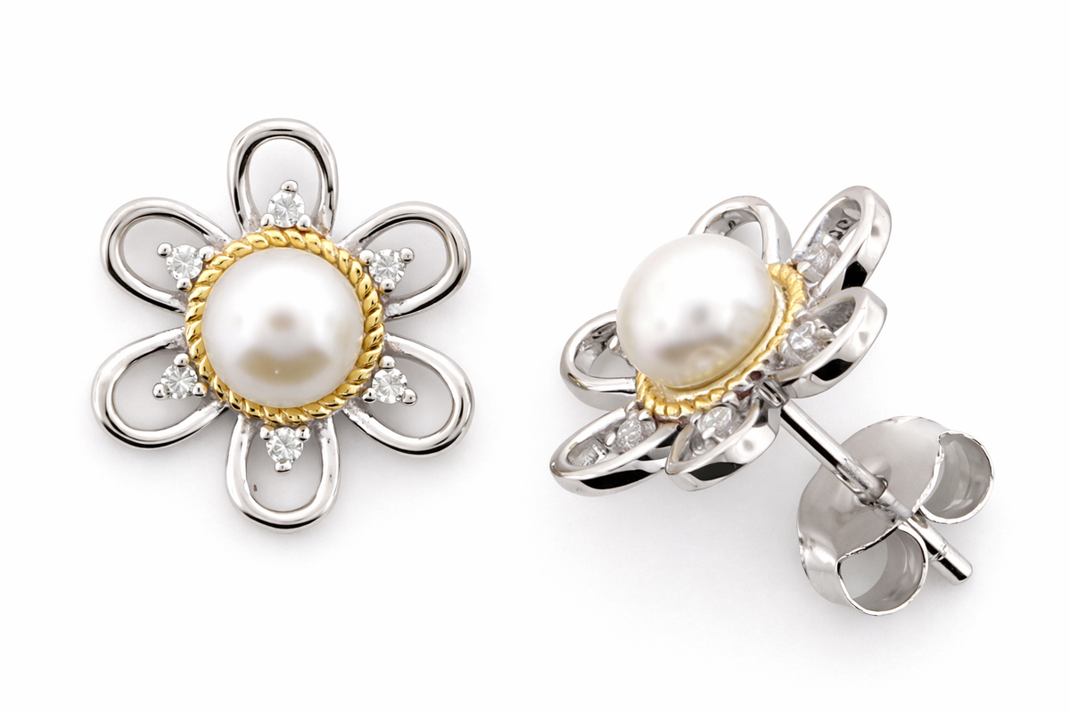Belle Artique Sterling Silver Freshwater Pearl & White Topaz Flower Stud Earrings