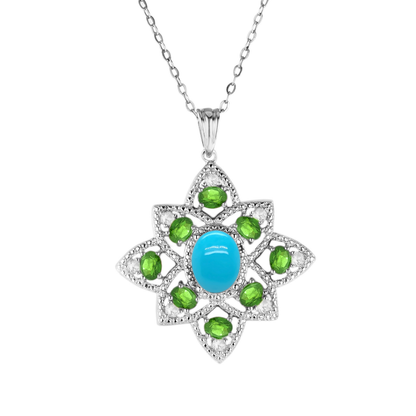 Sterling Silver 9x7mm Sleeping Beauty & Exotic Gemstone Floral Pendant with Chain