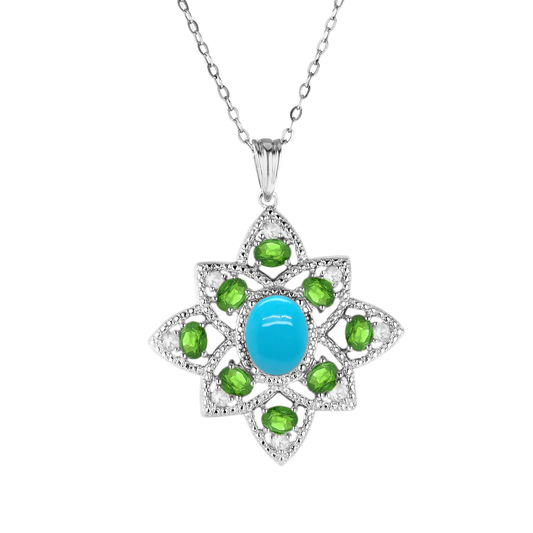 Sterling Silver 9x7mm Sleeping Beauty & Exotic Gemstone Floral Pendant with Chain