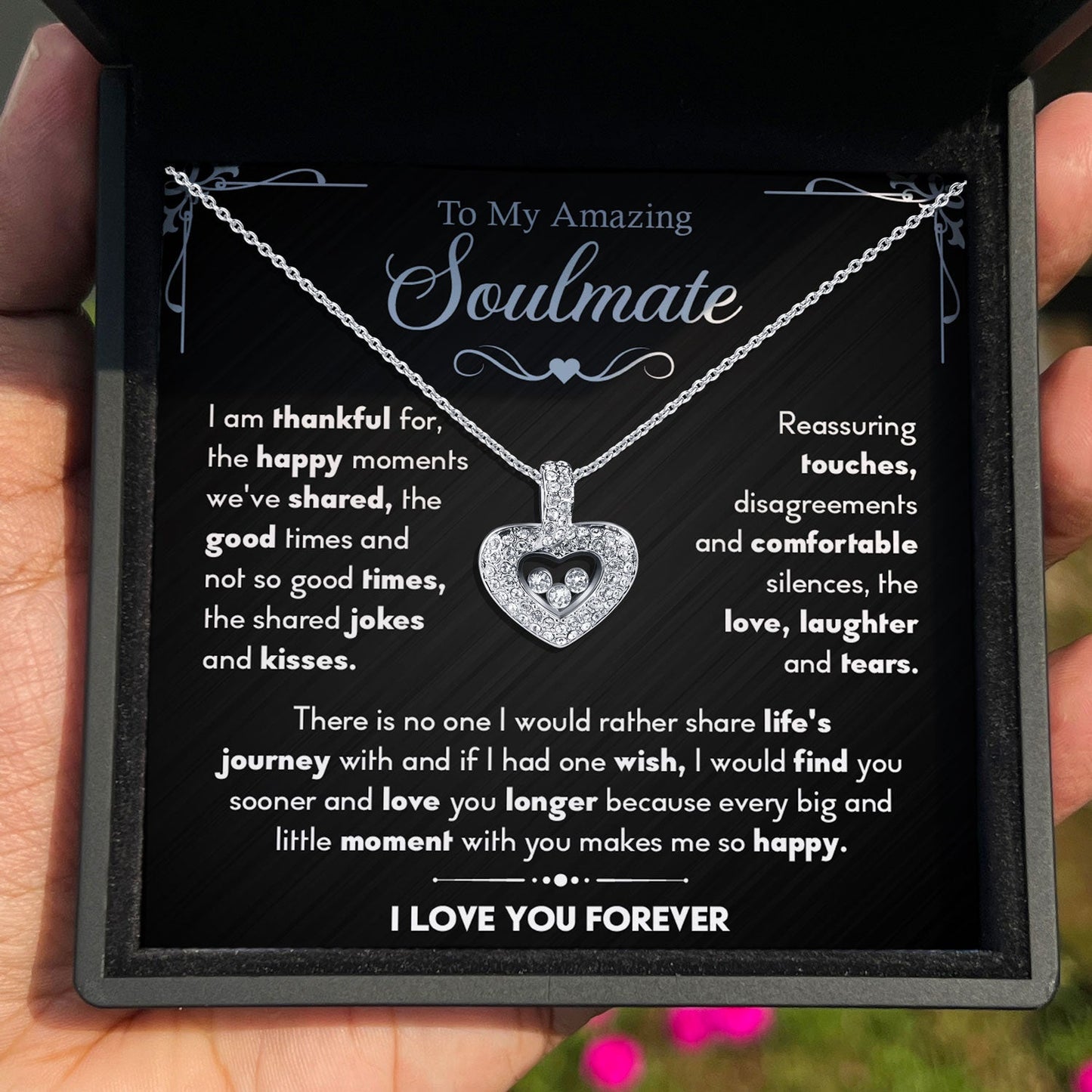 TRYNDI Rhodium Plated "To My Amazing Soulmate" Swarovski Crystal Floating Heart Necklace