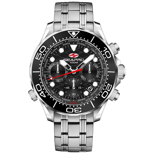 Seapro Men's 44mm Mondial Timer Quartz Chronograph World Timer Bracelet Watch