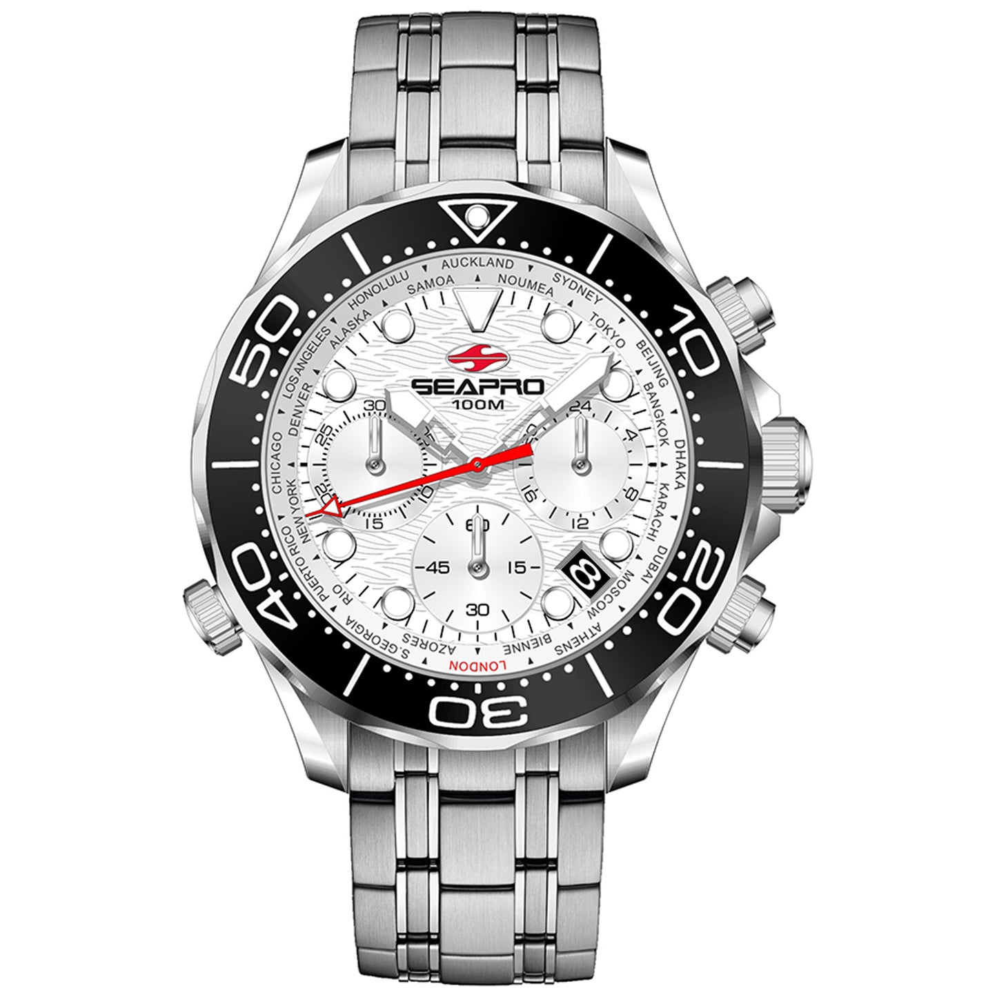 Seapro Men's 44mm Mondial Timer Quartz Chronograph World Timer Bracelet Watch
