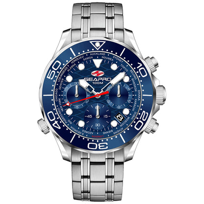 Seapro Men's 44mm Mondial Timer Quartz Chronograph World Timer Bracelet Watch