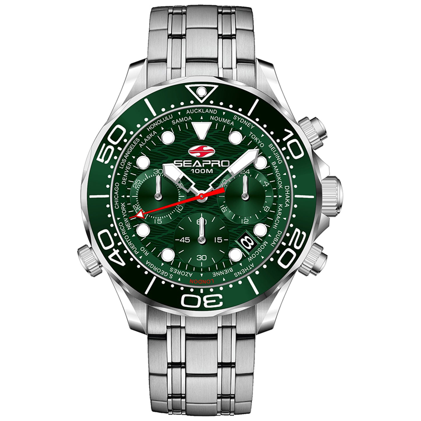 Seapro Men's 44mm Mondial Timer Quartz Chronograph World Timer Bracelet Watch