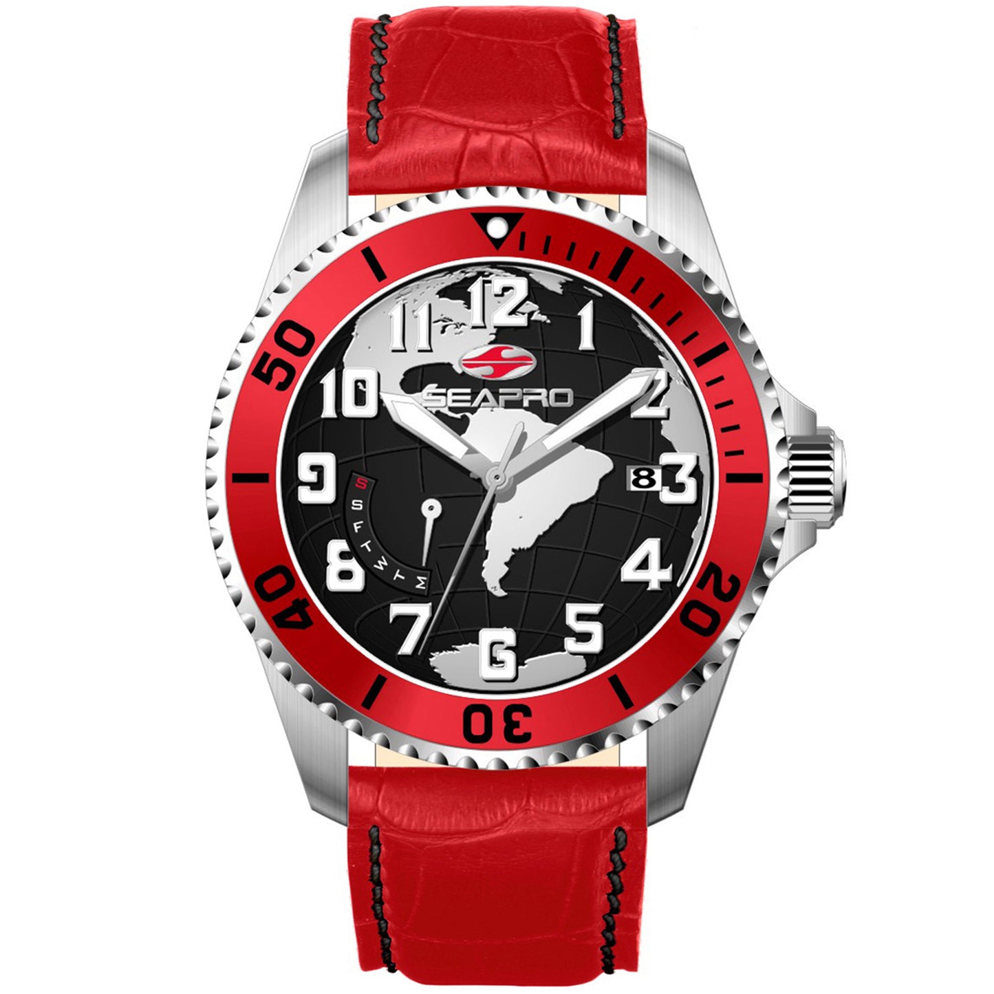 Seapro Men's 42mm Voyager Quartz Date Globe Dial Leather Strap Watch