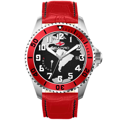 Seapro Men's 42mm Voyager Quartz Date Globe Dial Leather Strap Watch