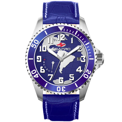 Seapro Men's 42mm Voyager Quartz Date Globe Dial Leather Strap Watch