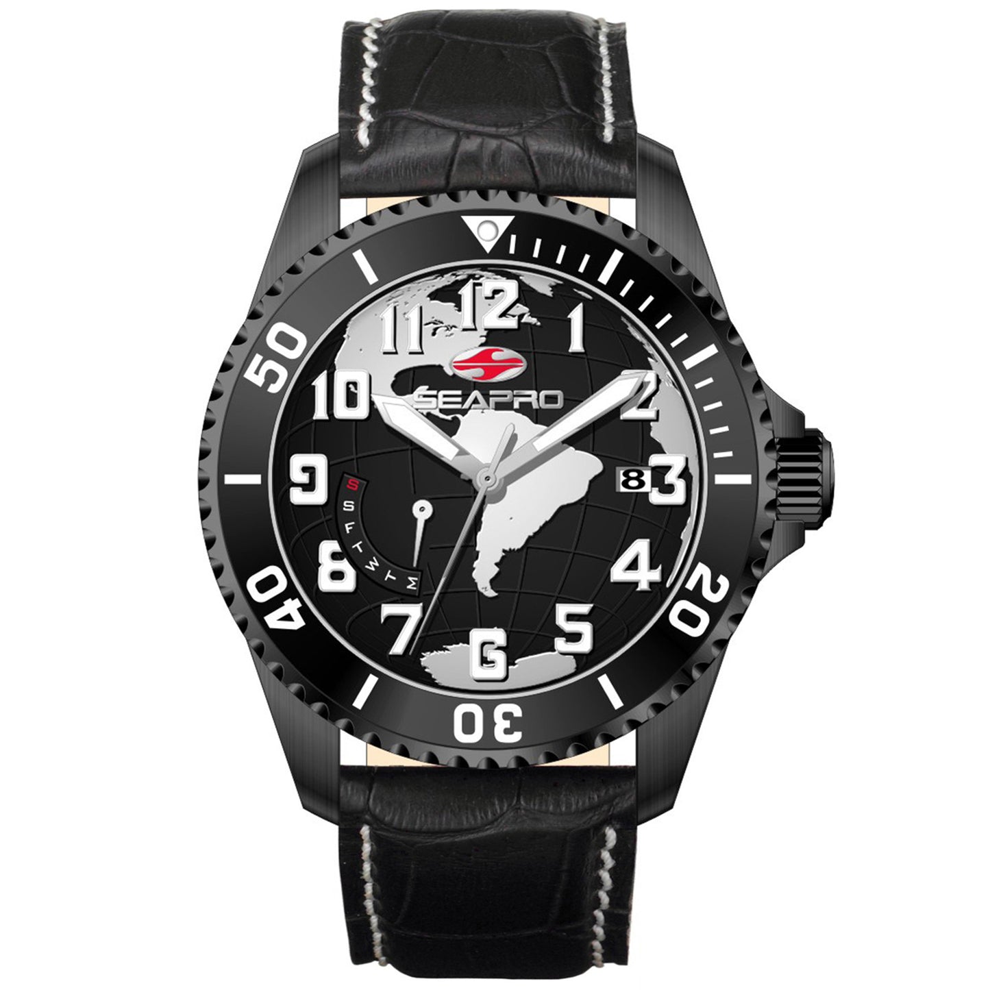 Seapro Men's 42mm Voyager Quartz Date Globe Dial Leather Strap Watch