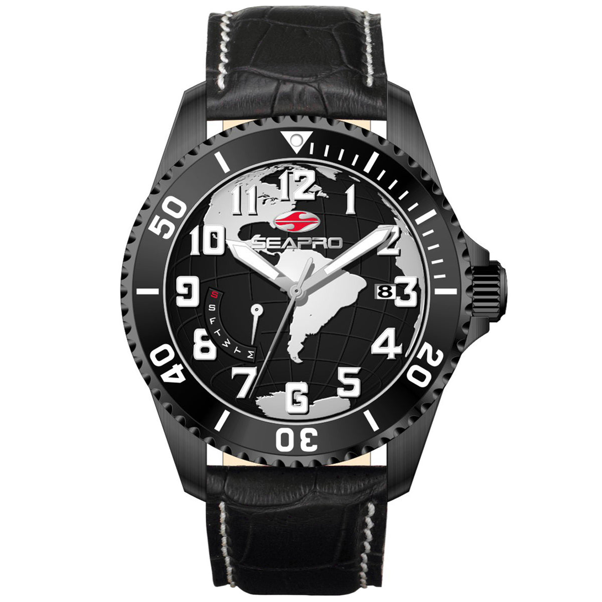 Seapro Men's 42mm Voyager Quartz Date Globe Dial Leather Strap Watch